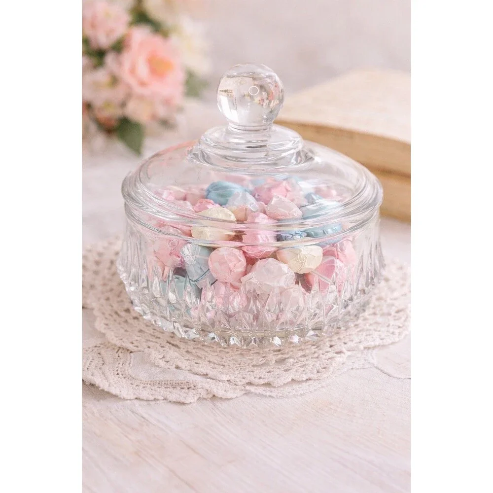 Vintage Cut Glass Covered Candy Dish Bowl Diamond Pattern 4” w Lid
